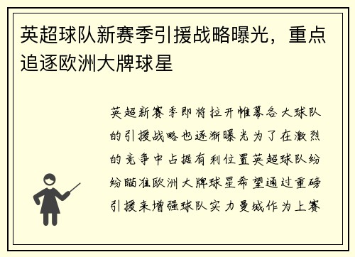 英超球队新赛季引援战略曝光，重点追逐欧洲大牌球星